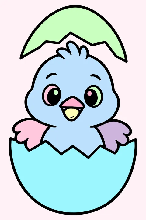 A cracked egg with a baby bird peeking out coloring page