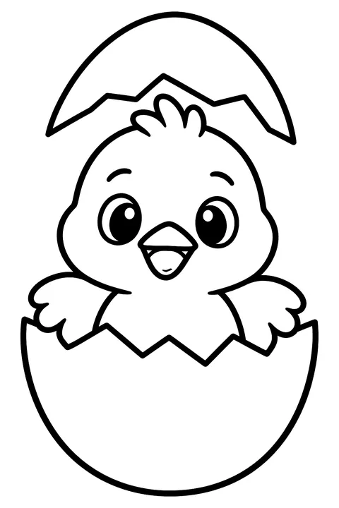 A cracked egg with a baby bird peeking out coloring page