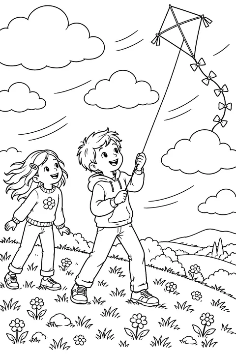 Two kids flying a kite on a windy hill with clouds coloring page