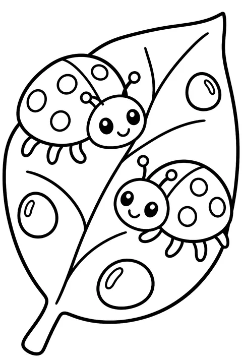 Two ladybugs on a big leaf with dewdrops coloring page