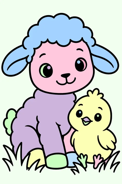 A lamb and a chick sitting together in the grass coloring page