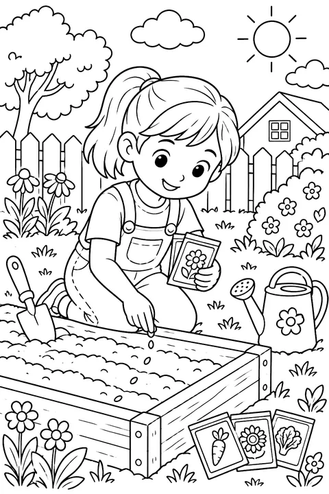 A child planting seeds in a garden bed with a small shovel and seed packets coloring page