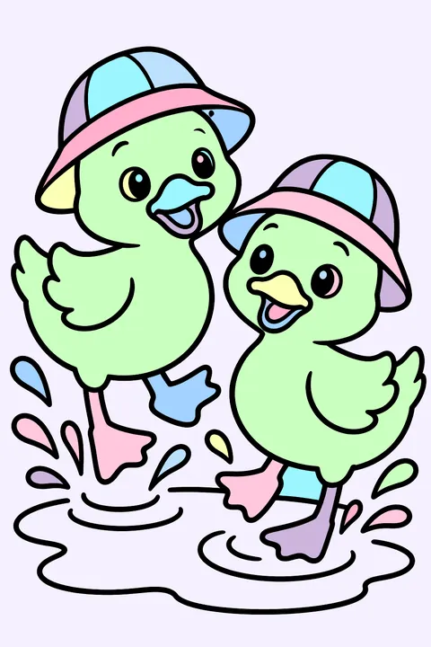 Two ducks in rain hats splashing in a puddle coloring page