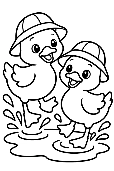 Two ducks in rain hats splashing in a puddle coloring page