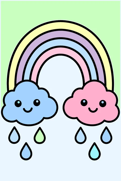 A big rainbow between two fluffy clouds with raindrops coloring page
