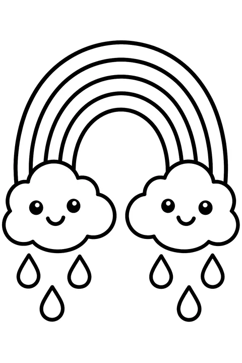 A big rainbow between two fluffy clouds with raindrops coloring page