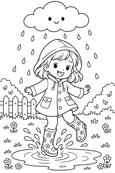A child in a raincoat and rain boots jumping in a puddle under a small rain cloud coloring page