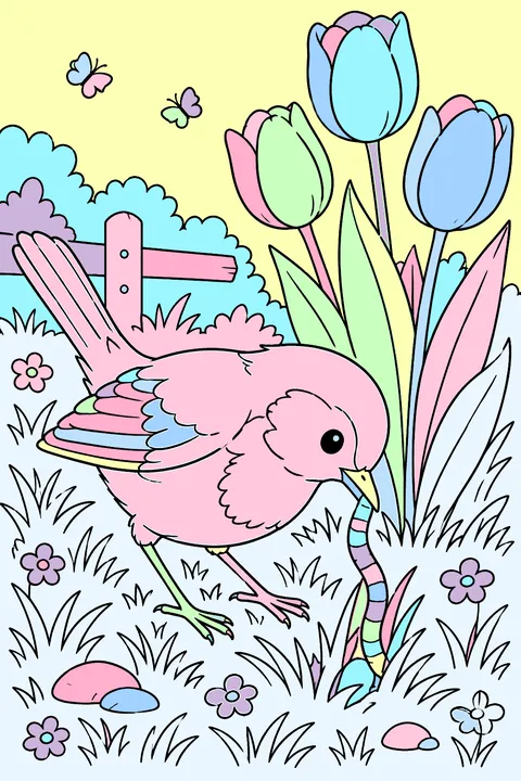 A robin pulling a worm from the grass next to tulips coloring page