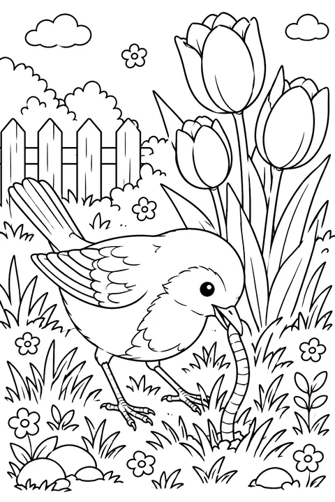A robin pulling a worm from the grass next to tulips coloring page