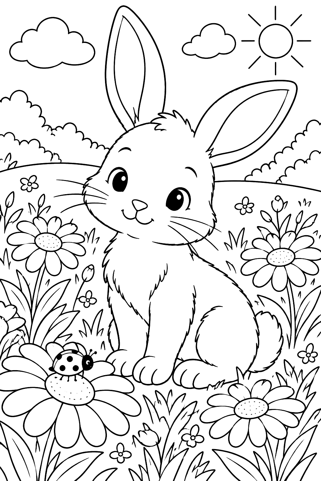 A bunny sitting in a meadow of daisies with a ladybug coloring page