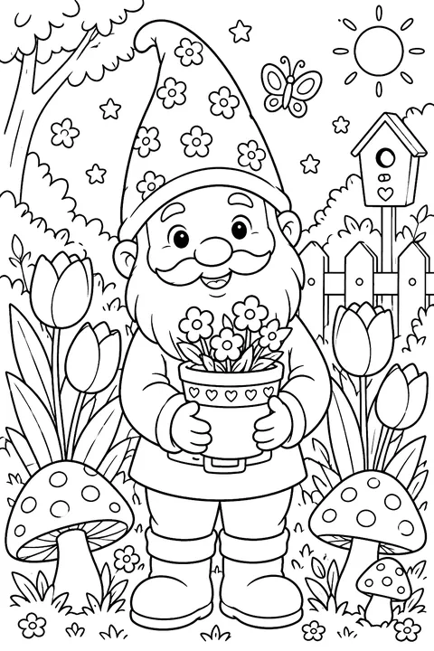 A garden gnome holding a flower pot surrounded by mushrooms and tulips coloring page