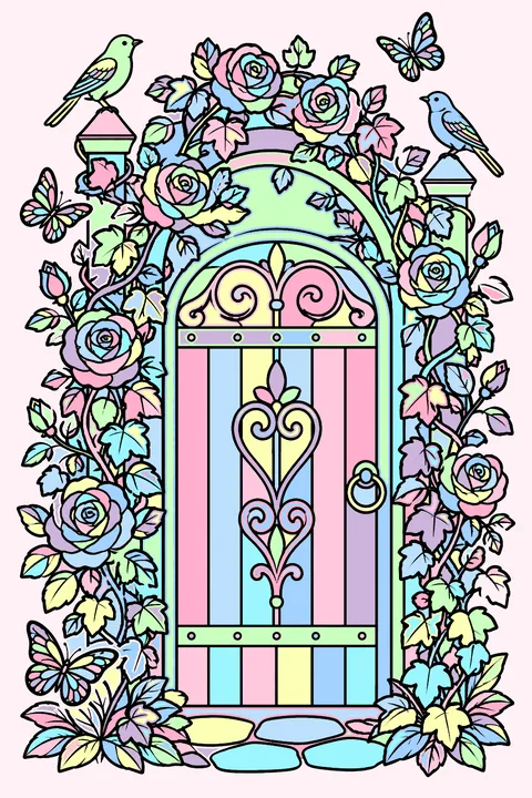 A detailed garden gate covered in climbing roses and ivy with birds and butterflies coloring page