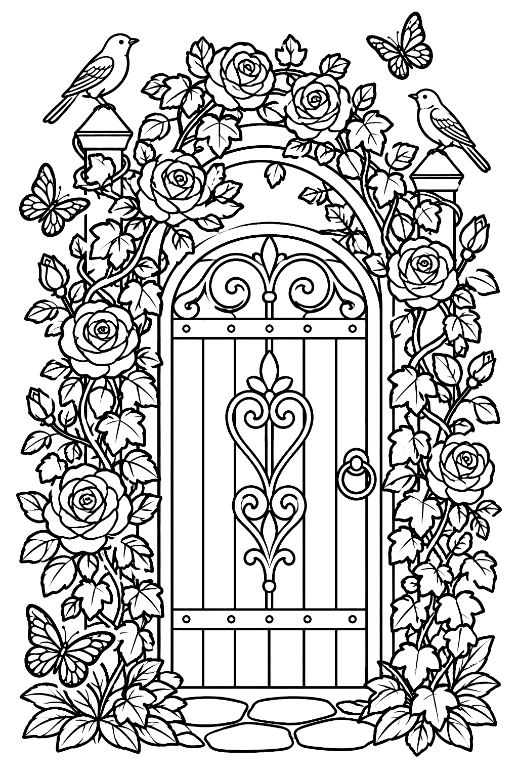 A detailed garden gate covered in climbing roses and ivy with birds and butterflies coloring page