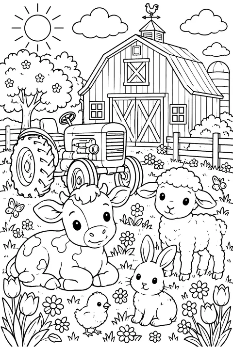 A red barn with a tractor, flowers and baby animals in spring coloring page