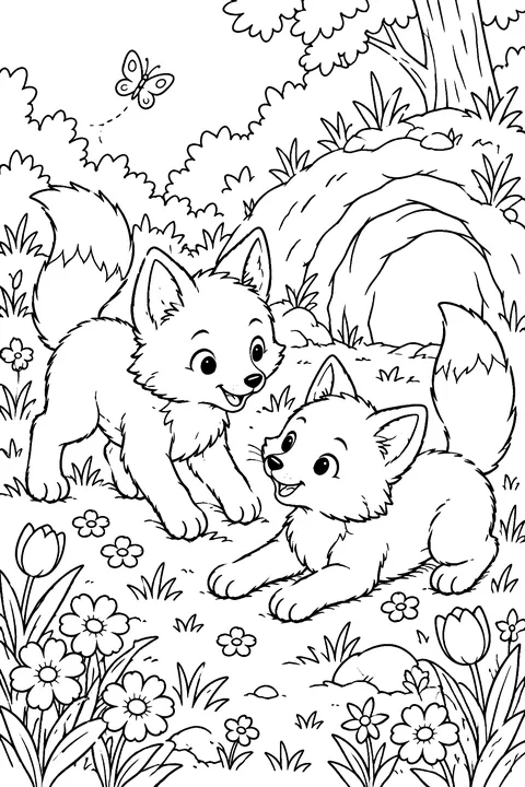 Two fox cubs playing outside their den among spring flowers coloring page