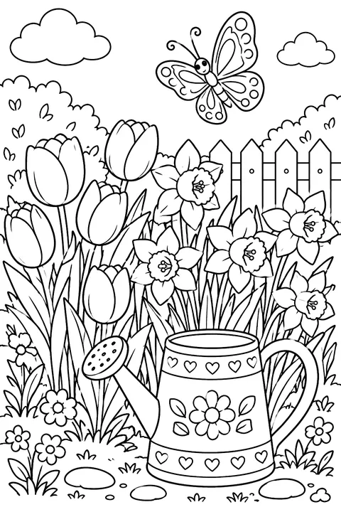 A garden full of tulips, daffodils and a watering can with a butterfly overhead coloring page