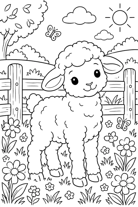 A fluffy lamb in a field of flowers next to a fence coloring page