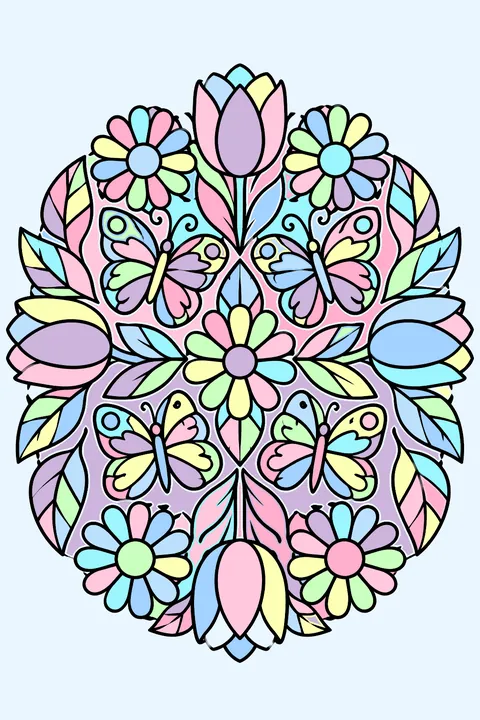 A round mandala of tulips, daisies, leaves and butterflies with bold closed shapes coloring page