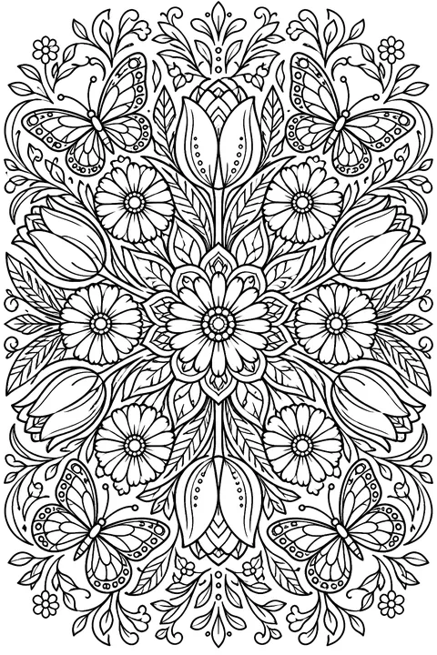 A round mandala of tulips, daisies, leaves and butterflies with bold closed shapes coloring page