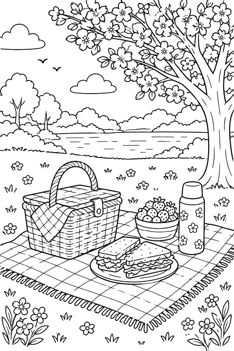 A family picnic blanket in a park with a basket, sandwiches and a blooming tree coloring page