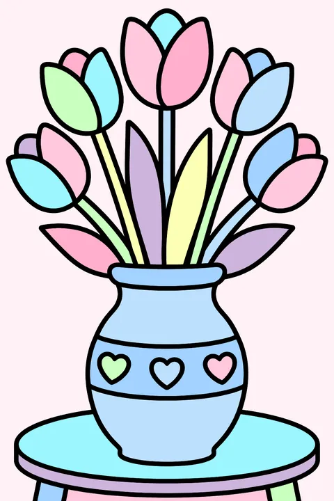 A vase with a bouquet of tulips on a table coloring page