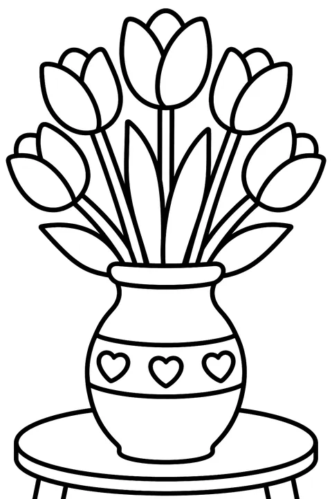 A vase with a bouquet of tulips on a table coloring page