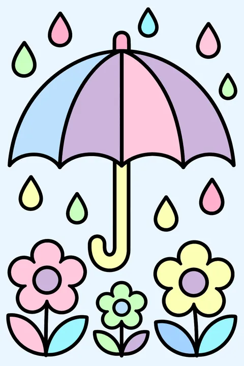 A big umbrella with raindrops and flowers below coloring page