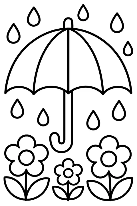 A big umbrella with raindrops and flowers below coloring page