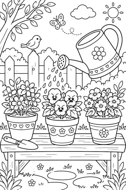 A watering can watering flowers in clay pots on a garden bench coloring page