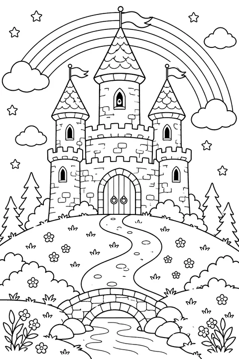 an old stone castle on a green hill with a rainbow coloring page