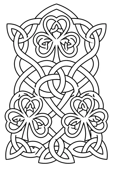 an intricate Celtic knot with shamrocks coloring page