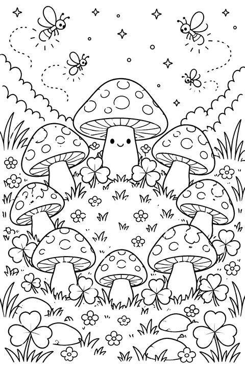 a ring of mushrooms with shamrocks and fireflies coloring page