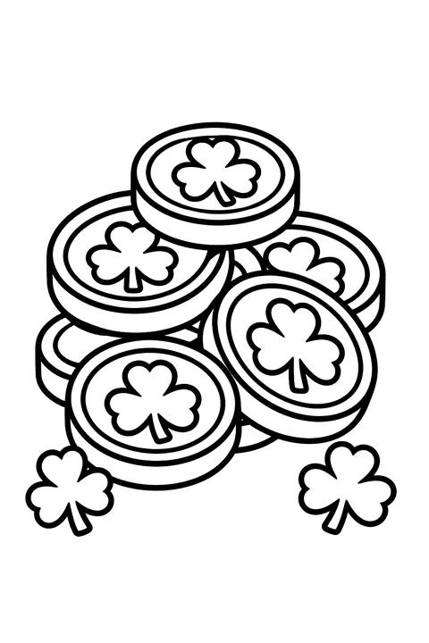 a pile of gold coins with shamrocks coloring page