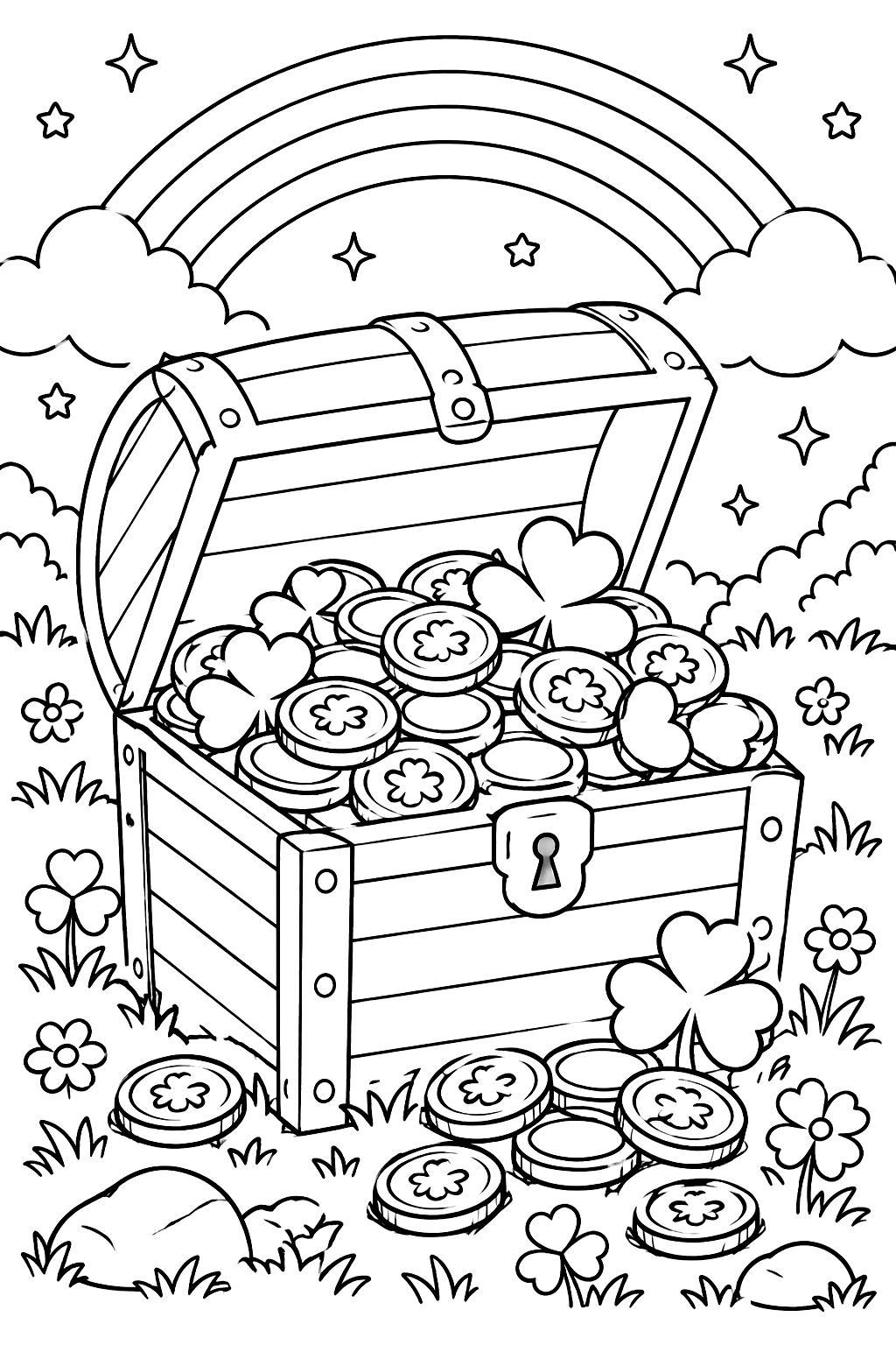 a treasure chest of gold coins with shamrocks coloring page