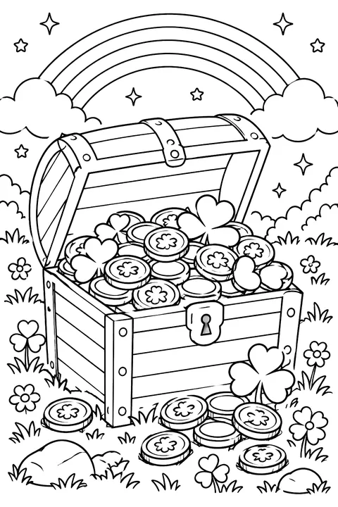 a treasure chest of gold coins with shamrocks coloring page