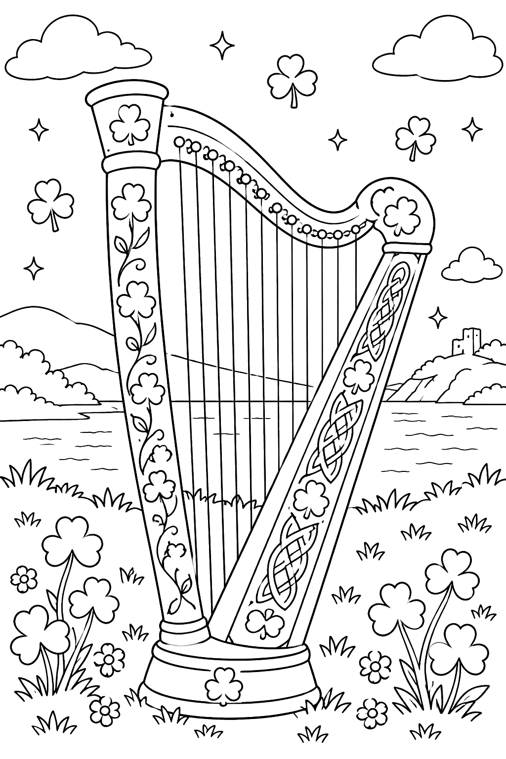 a harp with shamrock decorations coloring page