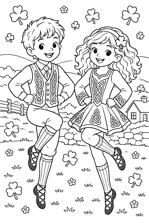 two kids doing a jig dance with shamrocks around coloring page