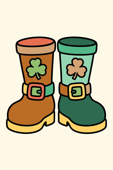 a pair of buckled boots with shamrocks coloring page