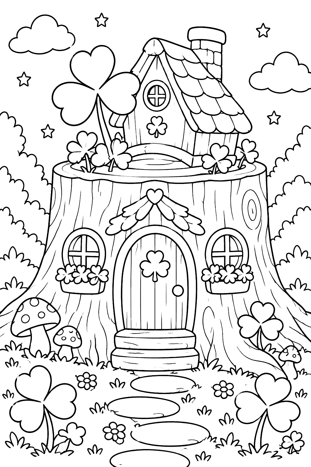a tiny house in a tree stump with shamrocks coloring page