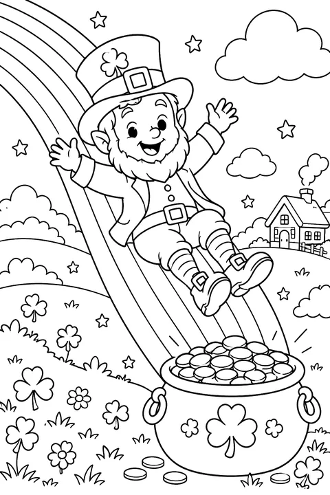 an original leprechaun sliding down a rainbow into a pot of gold coloring page