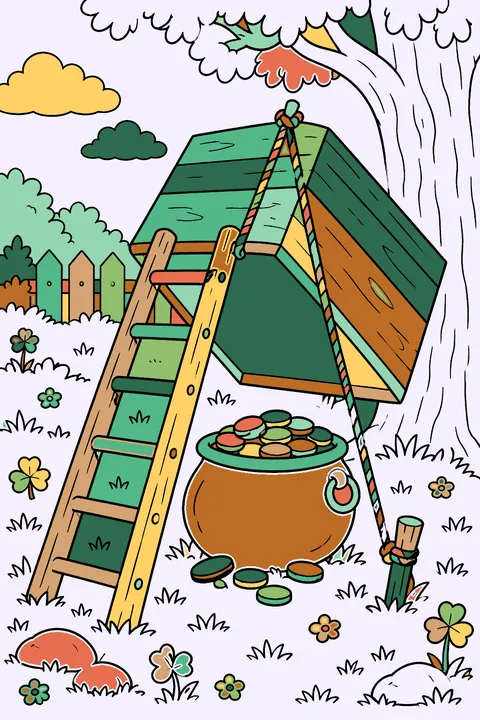 a homemade leprechaun trap with a ladder and coins coloring page
