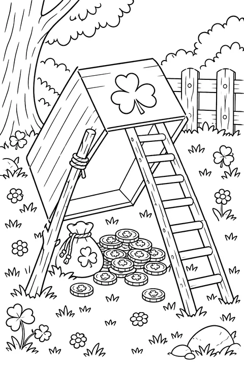a homemade leprechaun trap with a ladder and coins coloring page