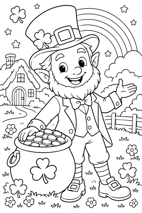 a cheerful original leprechaun with a green hat and a pot of gold, cartoon style coloring page