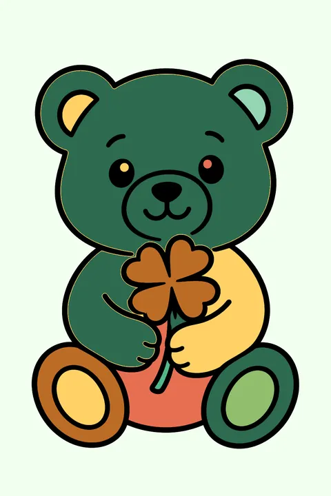 a teddy bear holding a four-leaf clover coloring page