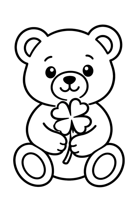 a teddy bear holding a four-leaf clover coloring page
