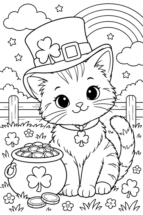 a kitten wearing a shamrock hat with a coin coloring page