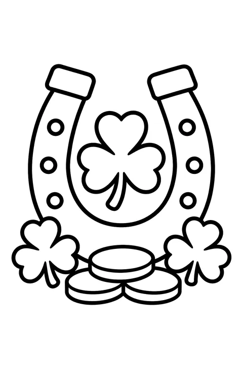 a horseshoe with shamrocks and coins coloring page