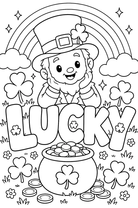 big outline letters spelling LUCKY with shamrocks and coins coloring page
