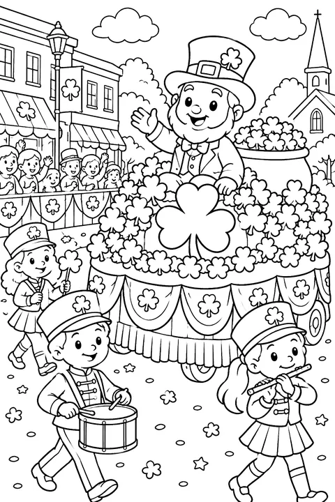 a parade with a float covered in shamrocks coloring page