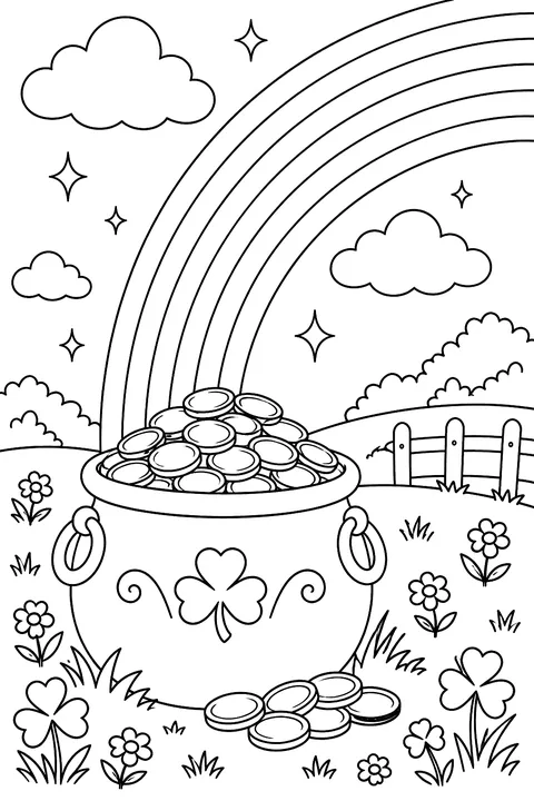 a pot of gold coins at the end of a rainbow coloring page